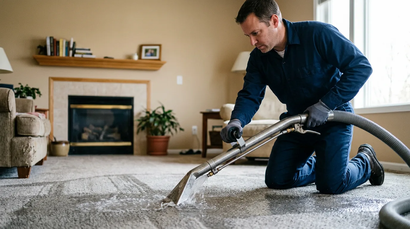 Water damage restoration technician working near Aurora, IN